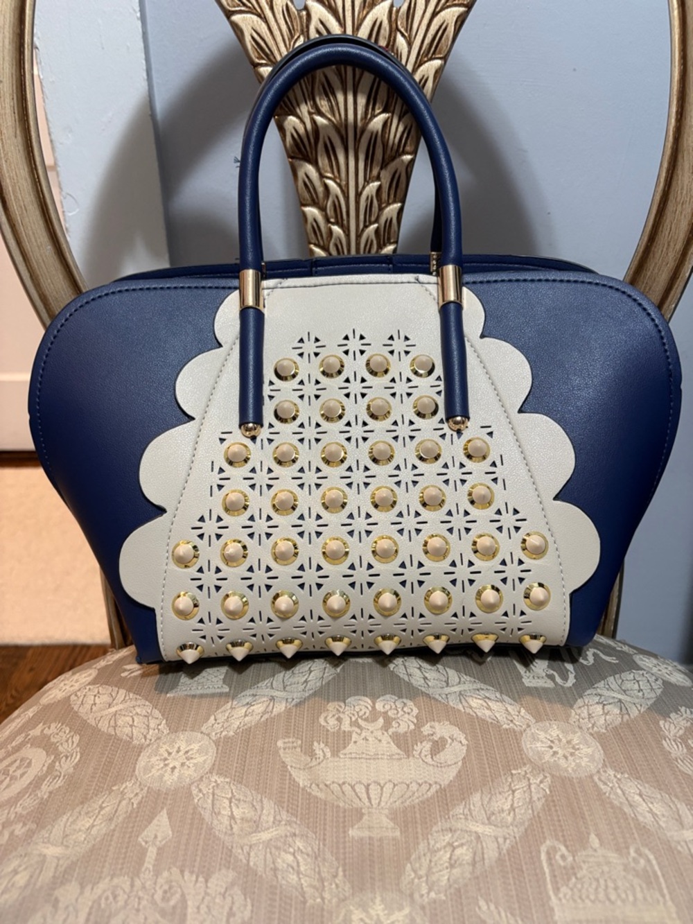 Blue and Cream Studded Dome Satchel Handbag
